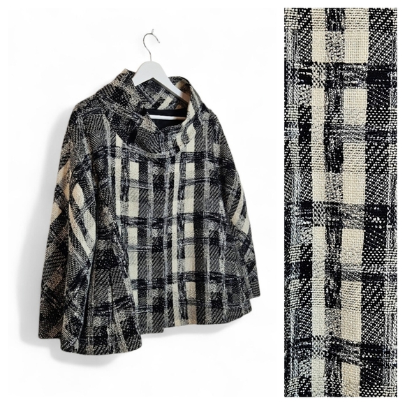 Lafayette 148 NY Wool Blend Blazer L Black White Tweed Button Front Classic Chic